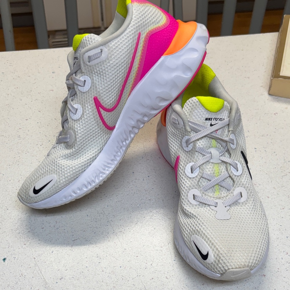 Nike White Sneakers with Neon Pink and Yellow Accents
